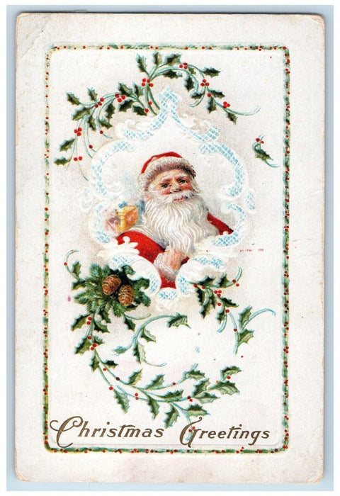 1916 Christmas Greetings Santa Claus Berries Pine Cone Stateroad OH Postcard