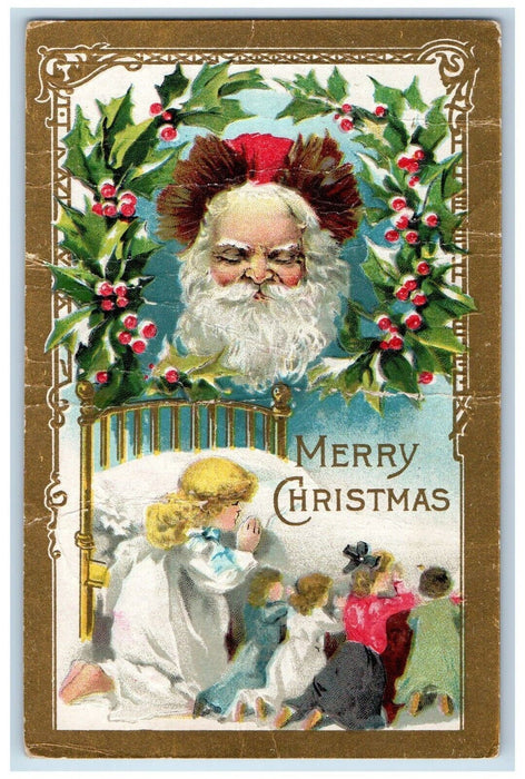 c1910's Christmas Santa Claus Holly Berries Girl Praying Toys Embossed Postcard