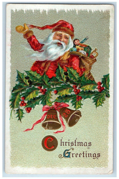 Christmas Greetings Santa Claus Sack Of Toys Berries Ringing Bells Postcard