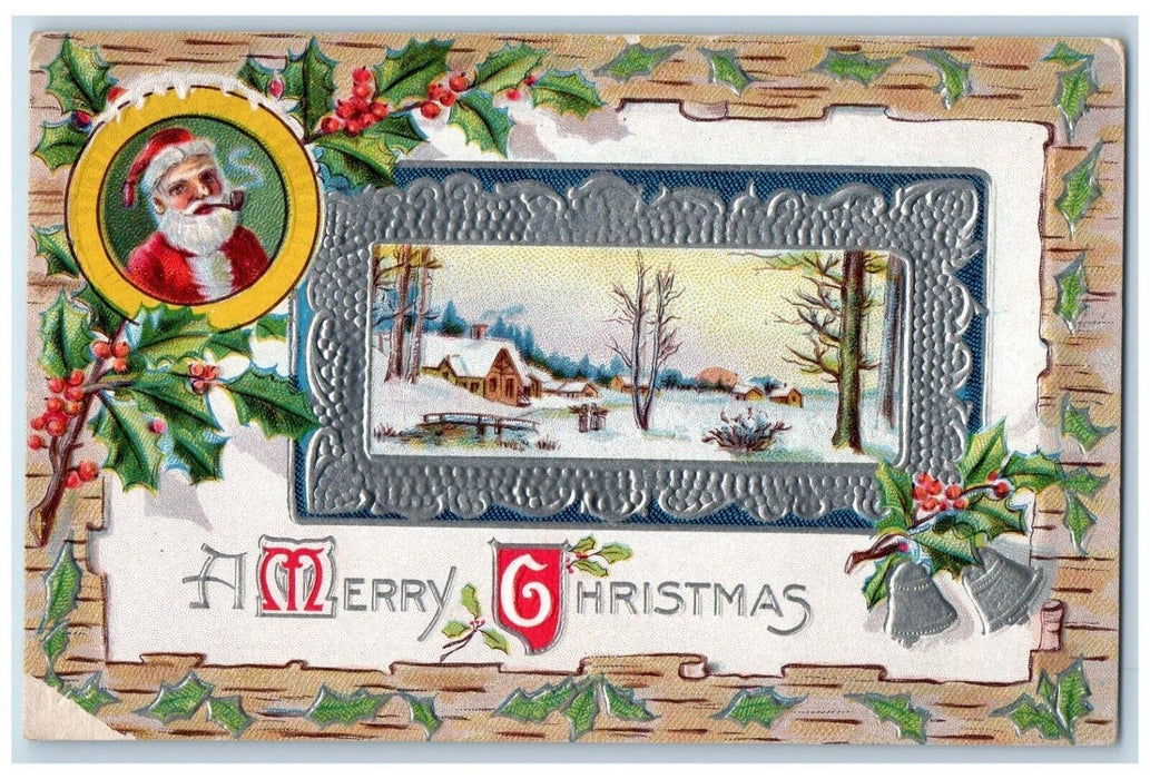 1911 Christmas Santa Claus Pipe Smoke Holly Berries Winter Embossed Postcard