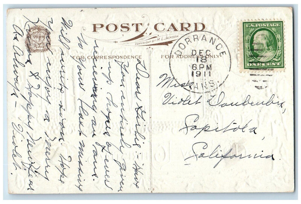 1911 Christmas Santa Claus Pipe Smoke Holly Berries Winter Embossed Postcard