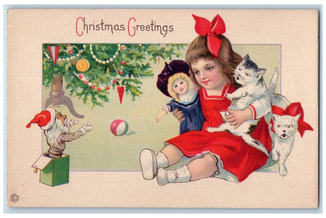 c1910's Christmas Greetings Girl Cute Cat Kittens Doll Toys Antique Postcard