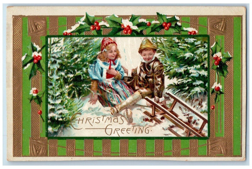 c1910's Christmas Greeting Children On Winter Pine Trees Berries Nash Postcard
