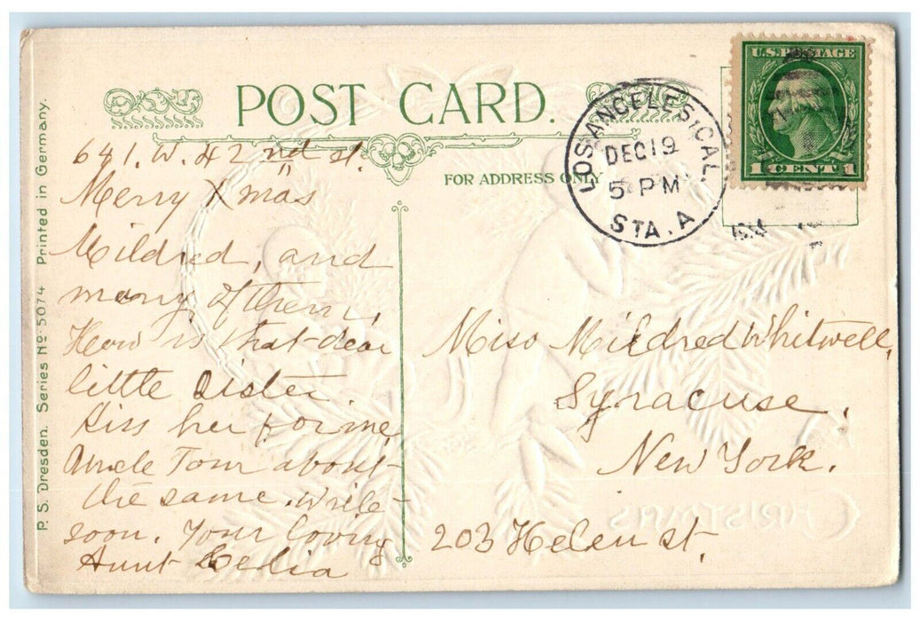1911 Merry Christmas Boy Pulling Cart Girl Handwarmer Pine Cone Posted Postcard