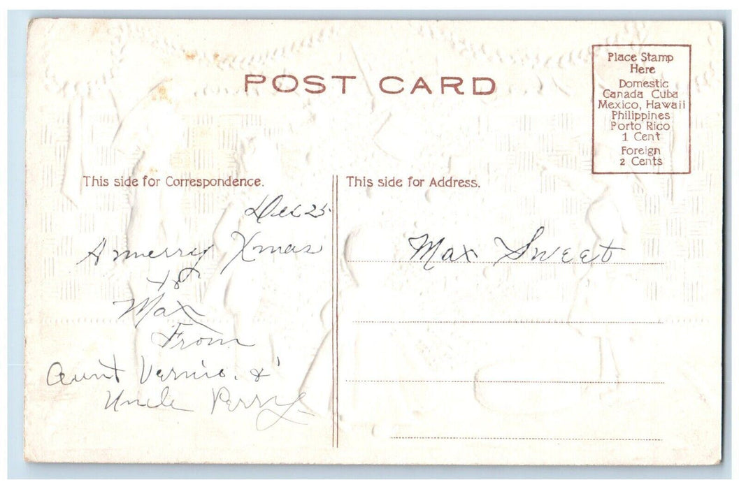 c1910's Merry Christmas Children Decorated Christmas Tree Embossed Postcard