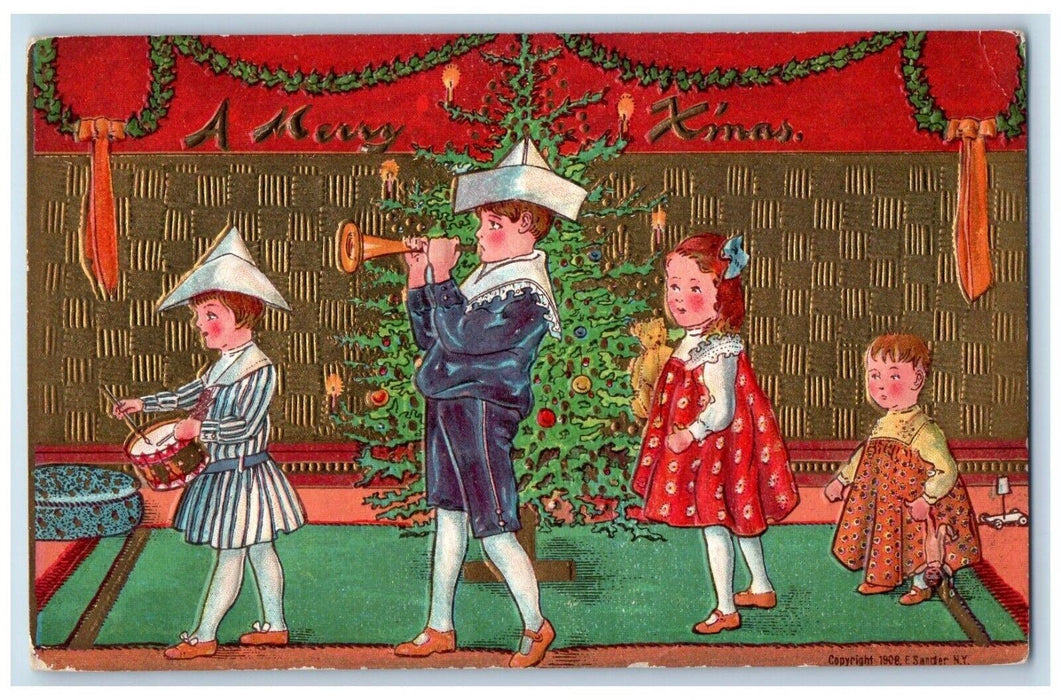 c1910's Merry Christmas Children Flute Drummer Embossed Sander Antique Postcard