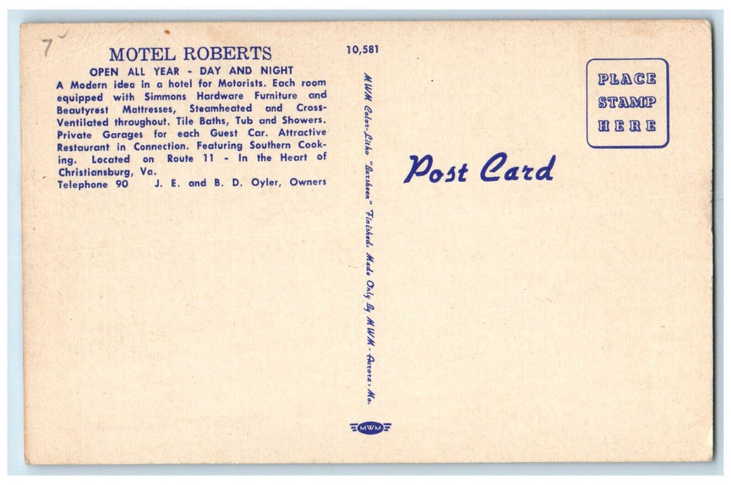 View Of Motel Roberts Christiansburg Virginia VA Multiview Vintage Postcard