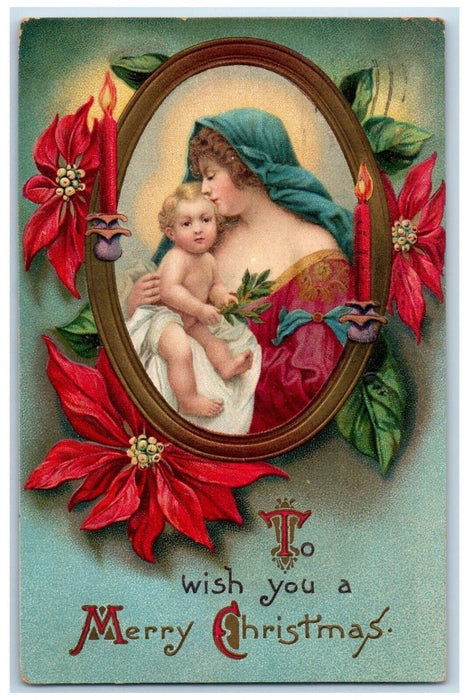 1910 Merry Christmas Religious Poinsettia Flowers Embossed Watertown NY Postcard