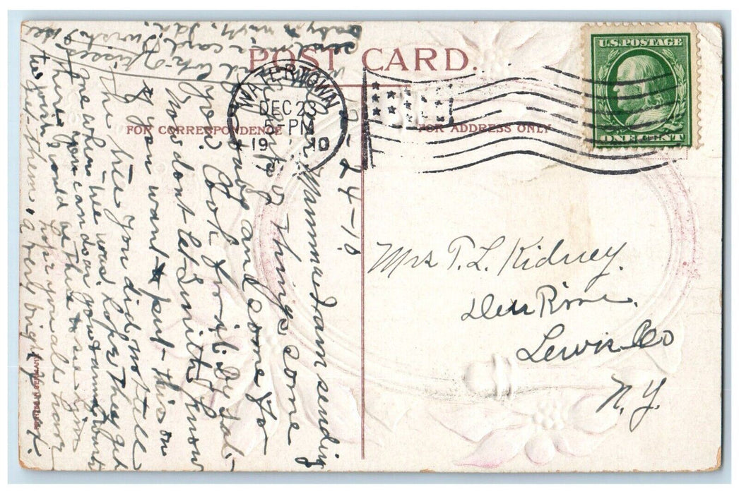 1910 Merry Christmas Religious Poinsettia Flowers Embossed Watertown NY Postcard