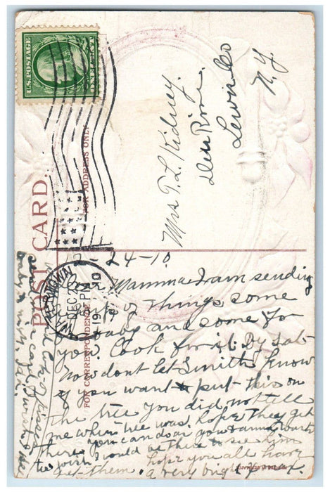 1910 Merry Christmas Religious Poinsettia Flowers Embossed Watertown NY Postcard