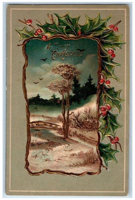 c1910's Merry Christmas Winter Trees Holly Berries Embossed Antique Postcard