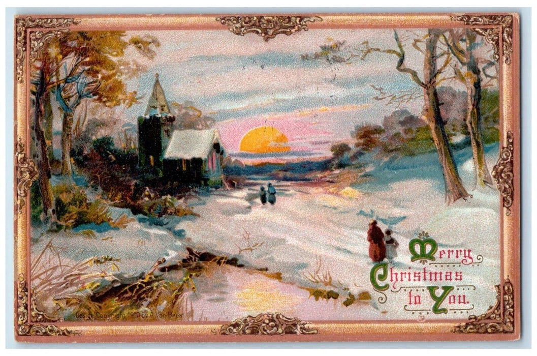 1911 Merry Christmas House Winter Sunrise Embossed Chicago IL Antique Postcard