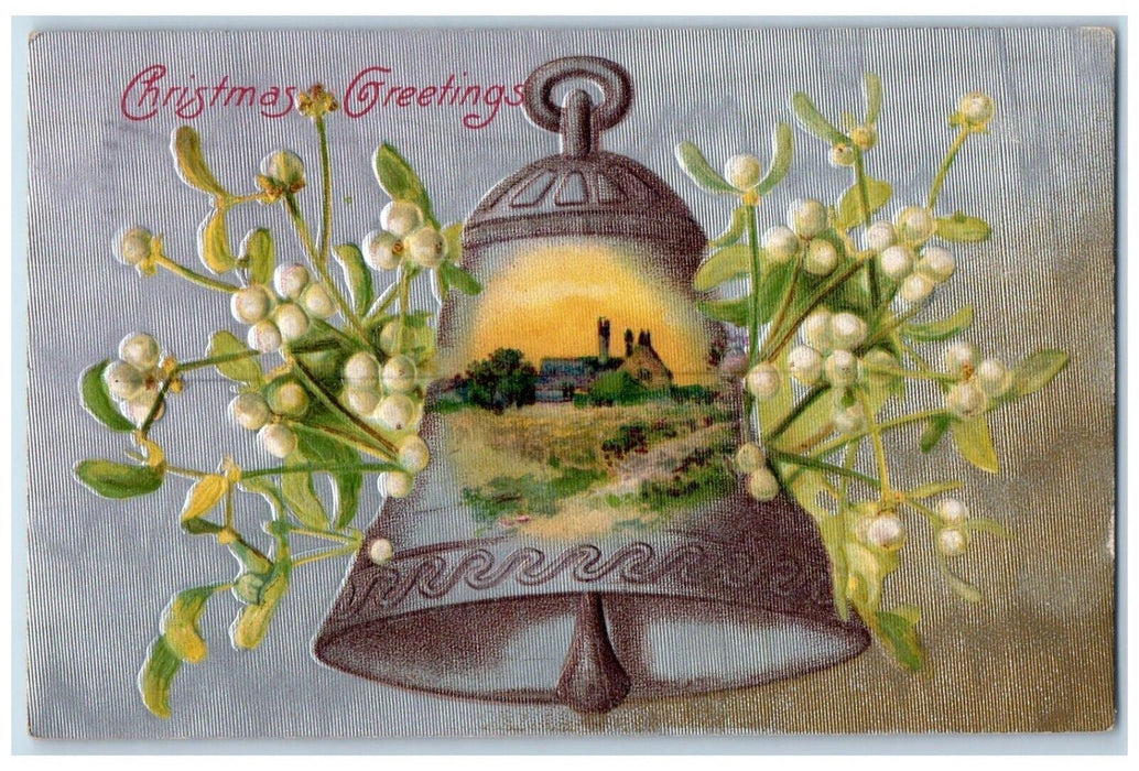 1907 Christmas Greetings Ringing Bell Mistletoe Winsch Back Embossed Postcard