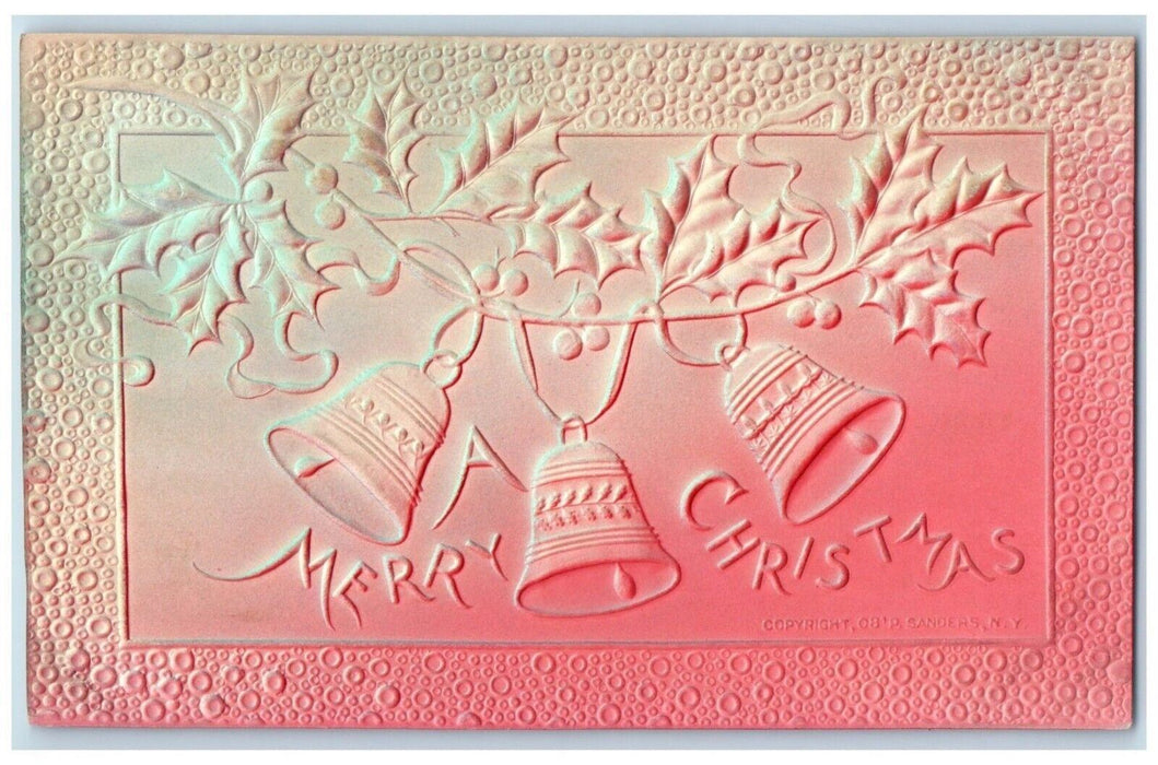 c1910's Merry Christmas Ringing Bells Berries Airbrushed Embossed Postcard