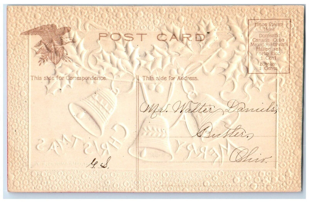 c1910's Merry Christmas Ringing Bells Berries Airbrushed Embossed Postcard