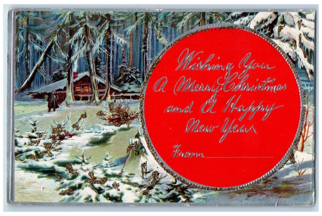 c1910's Merry Christmas House And Pine Trees Winter Embossed Antique Postcard