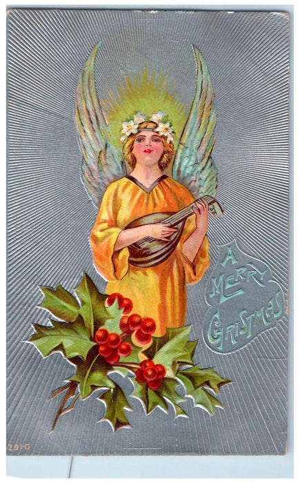 c1910's Merry Christmas Angel Playing Banjo Berries Walnut Bottom PA Postcard