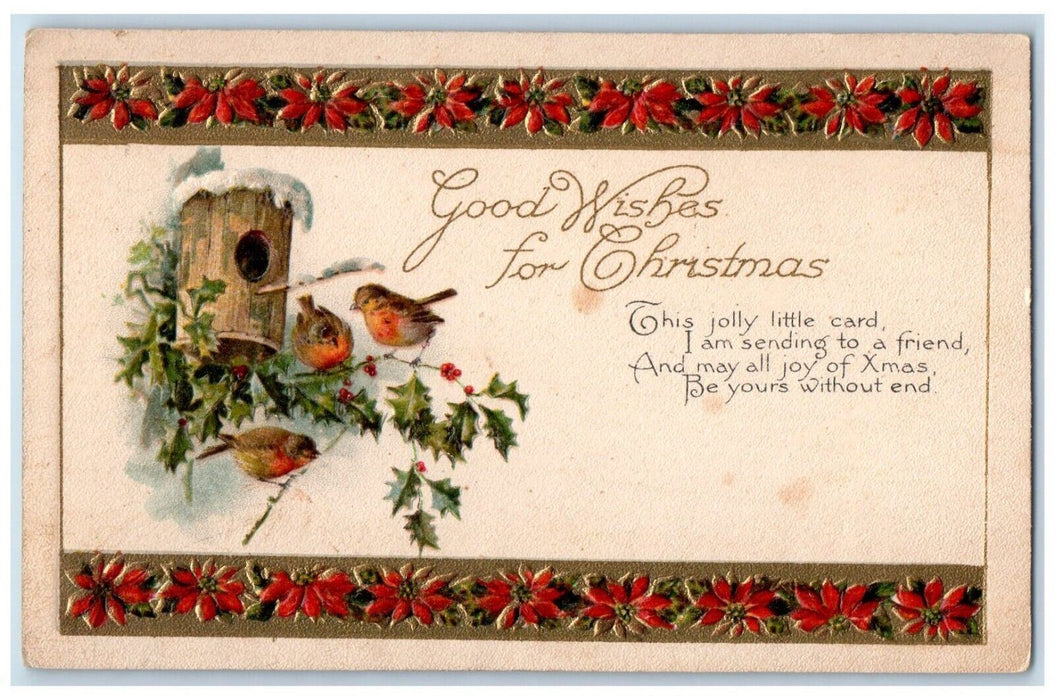 c1910's Christmas Birds House Winter Holly Berries Embossed Antique Postcard