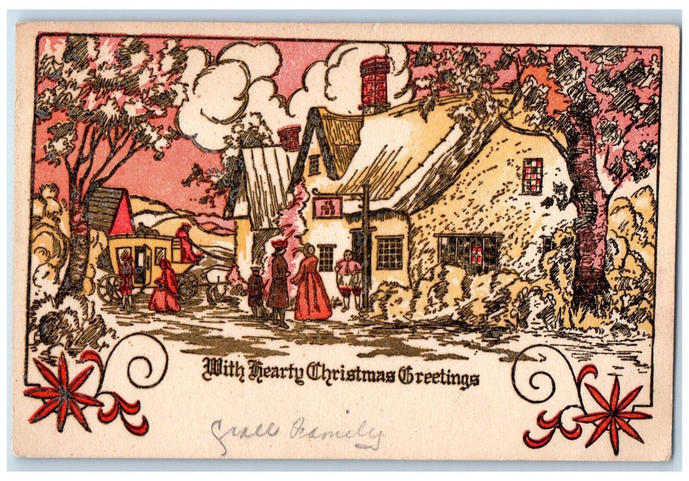 1915 Christmas Greetings Ye Old Inn Hotel Horse Wagon Unposted Antique Postcard