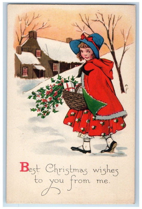 c1910's Christmas Wishes Woman With Holly Berries Basket Winter Gibson Postcard