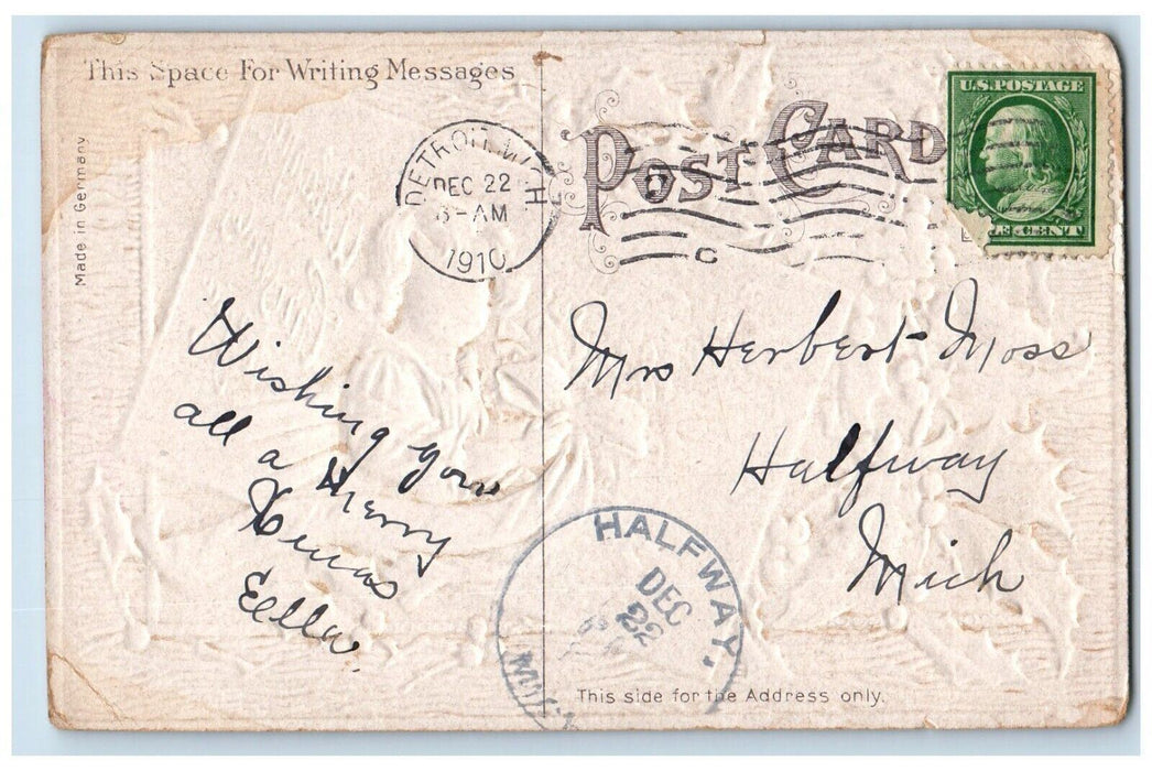 1910 Christmas Little Girl Holly Berries Ribbon Embossed Detroit MI Postcard