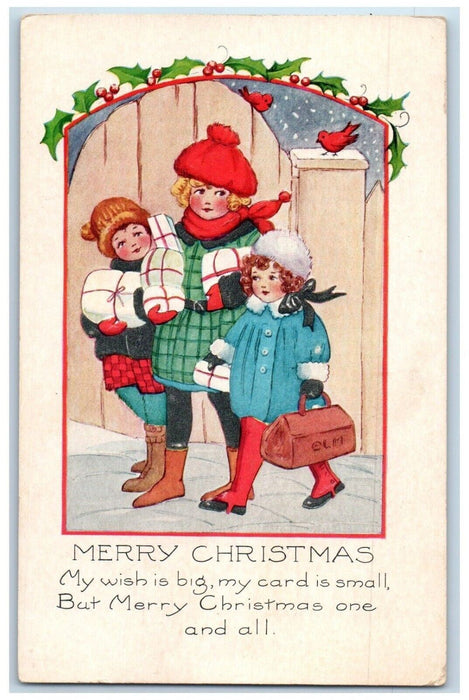 c1910's Merry Christmas Mother And Child Holding Gifts Holly Berries Postcard