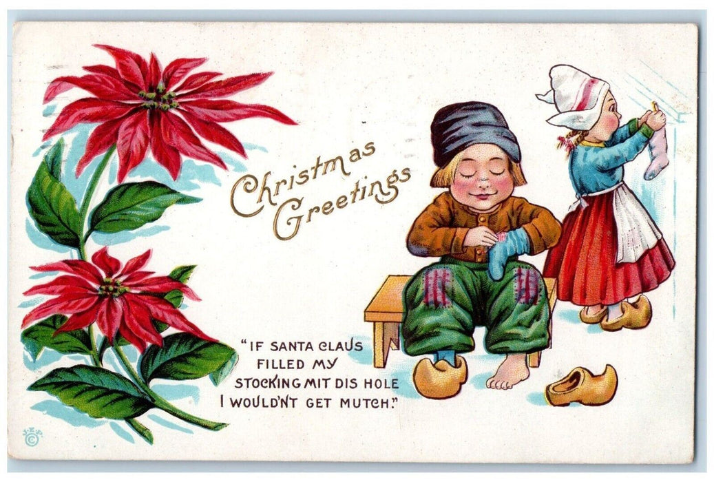 Christmas Greetings Dutch Children Hanging Socks Poinsettia Flowers Postcard