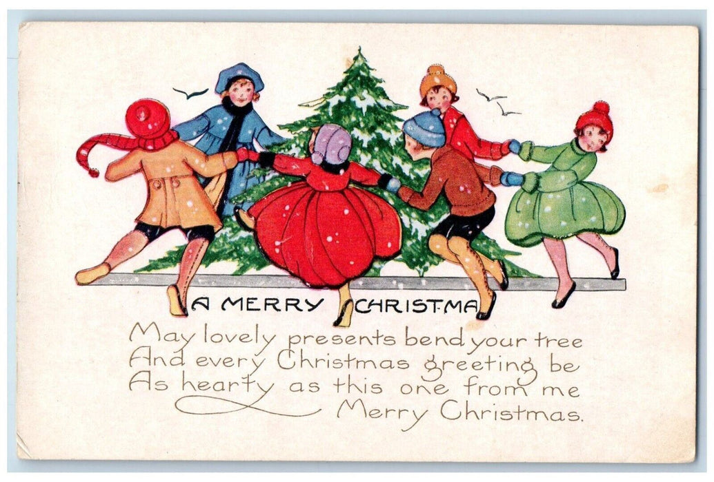 c1910's Merry Christmas Childrens Playing Pine Trees Winter Embossed Postcard
