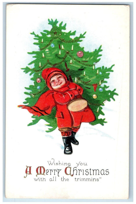c1910's Christmas Childrens Man Carrying Christmas Tree Embossed Postcard