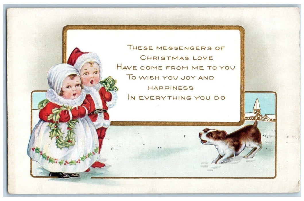 1916 Christmas Children Holly Berries Dog Winter Toledo Ohio OH Antique Postcard