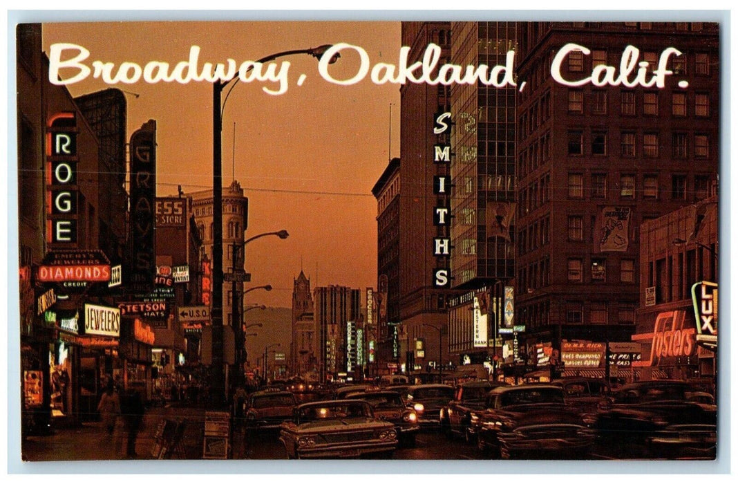 c1960 Busy Broadway Diusk Center Downtown Shopping Oakland California Postcard