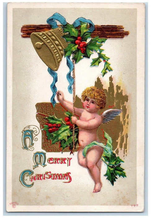 c1910's Merry Christmas Angel Ringing Bell Holly Berries Embossed Postcard