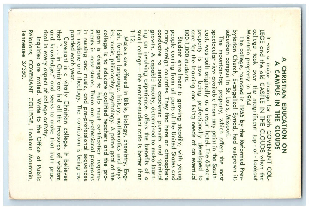 c1950 Christian Education Campus View Covenant College Knoxville TN Postcard