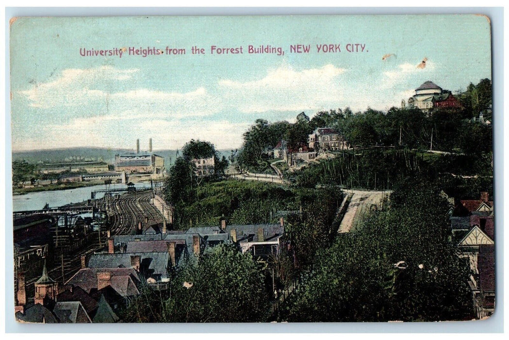 1913 University Heights Forrest Building Railroad Train New York City Postcard