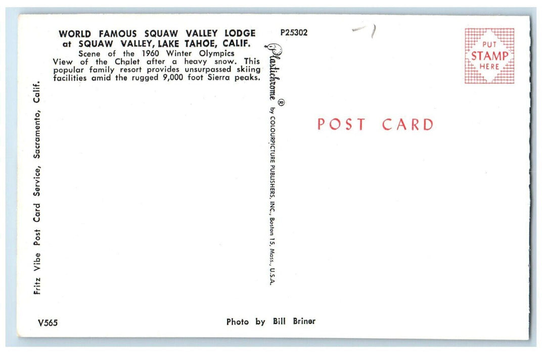c1960 World Famous Squaw Valley Lodge Chalet Lake Tahoe California CA Postcard