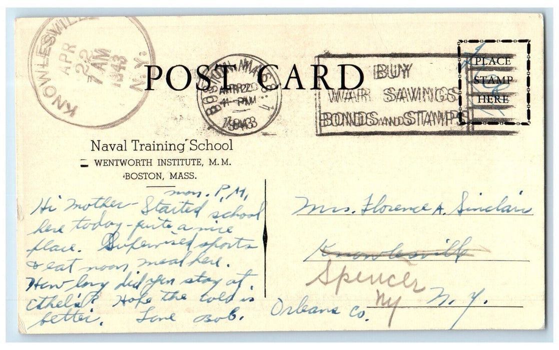 1943 Naval Training School Wentworth Institute Road MM Boston Maryland Postcard