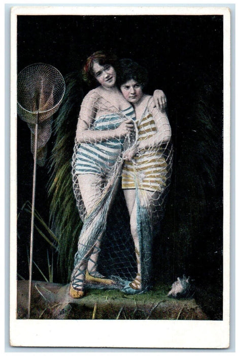 c1910's Bathing Beauty Stripe Swimsuit Covered Fishing Net Antique Postcard