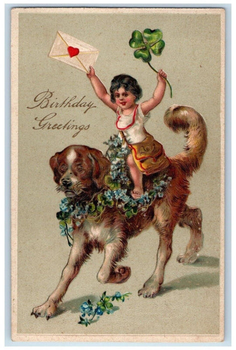 c1910's Birthday Greetings Girl Riding Dog Shamrock Letter Flowers Postcard