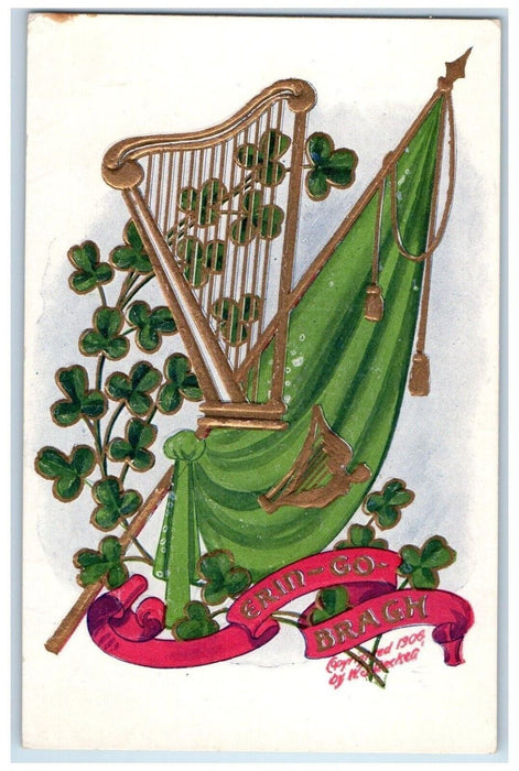 c1905 St. Patrick's Day Harp Shamrock Flag Embossed Unposted Antique Postcard