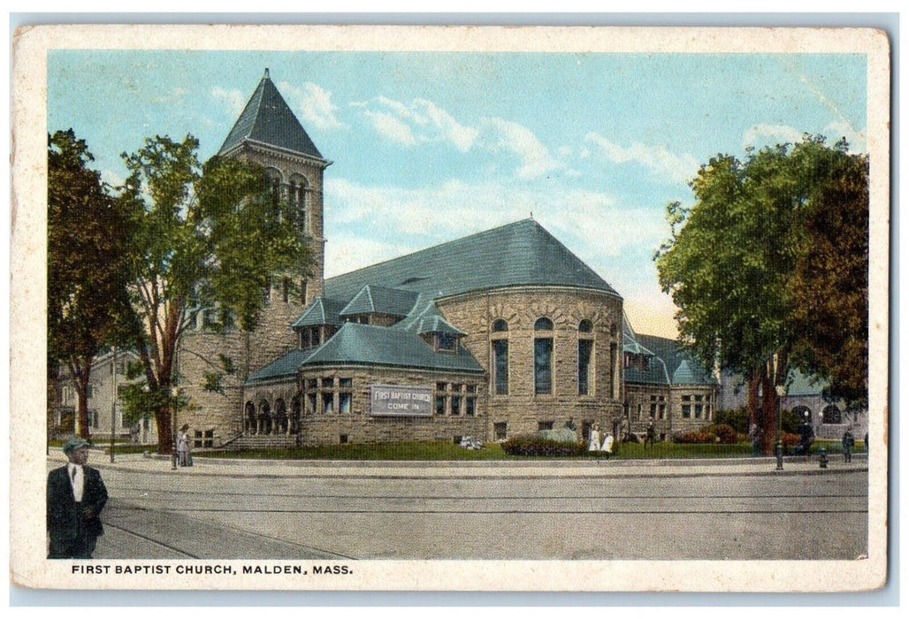 First Baptist Chruch Scene Street Malden Massachusetts MA Vintage Postcard
