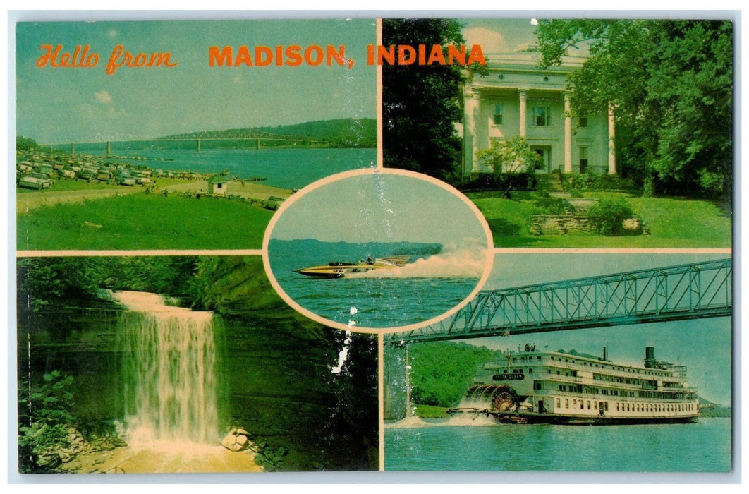 Hello From Madison Indiana IN, River Falls Home Hydroplane Multiview Postcard
