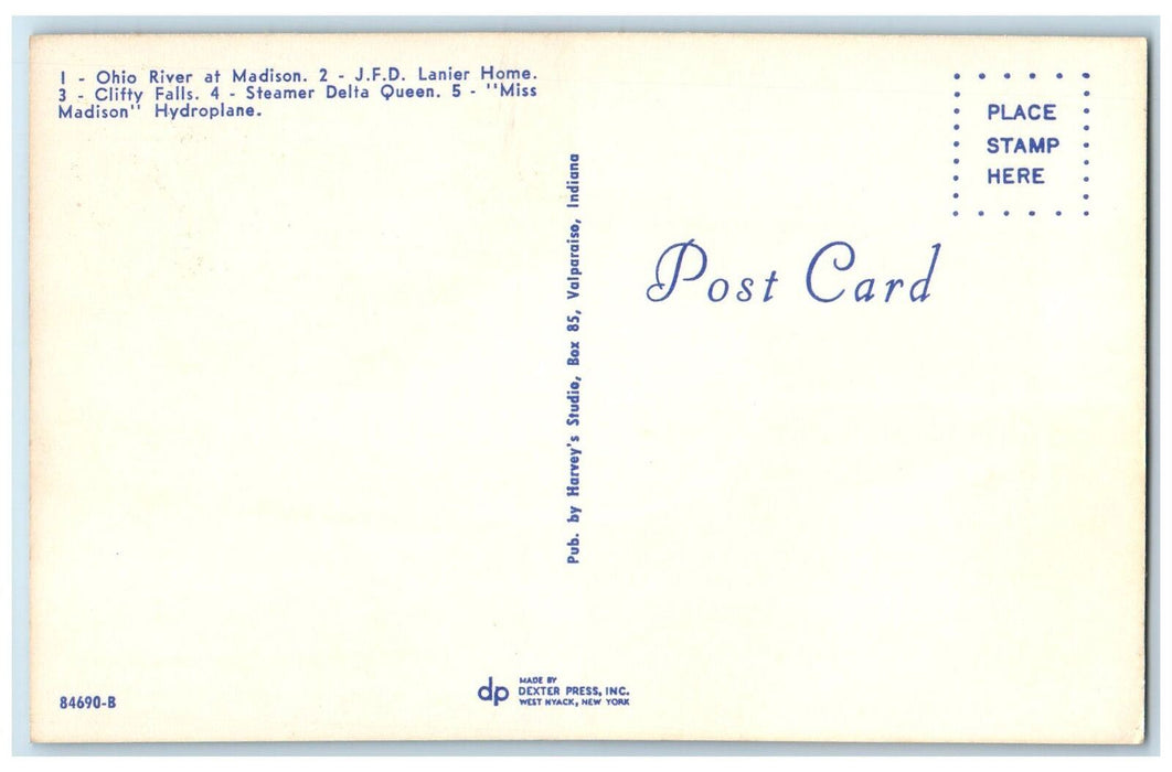 Hello From Madison Indiana IN, River Falls Home Hydroplane Multiview Postcard