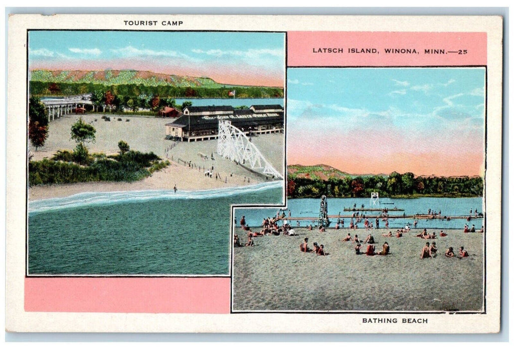 c1920 Tourist Camp Latsch Island Bathing Beach Winona Minnesota Vintage Postcard