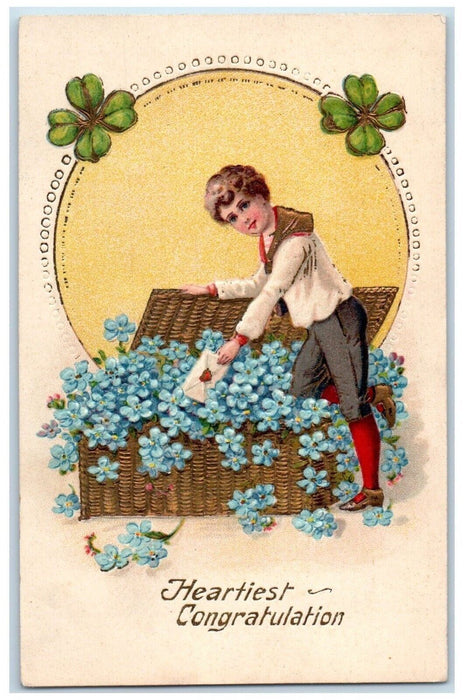 c1910's Boy Pansies Flowers In Box Letter Shamrock Embossed Antique Postcard