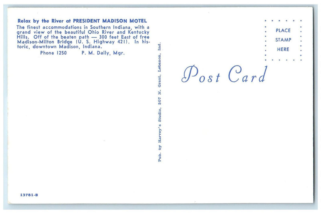 Relax By The River President Madison Motel Indiana IN Dual View Postcard
