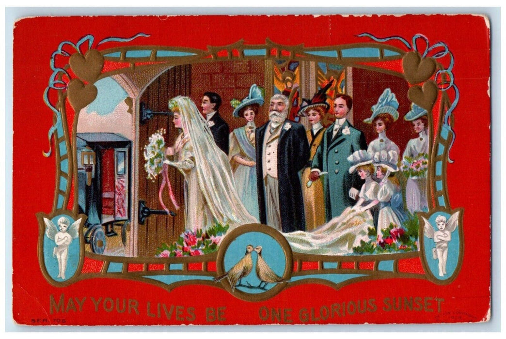 c1910's Couple Wedding Cupid Angel Hearts Bird Embossed Unposted Postcard