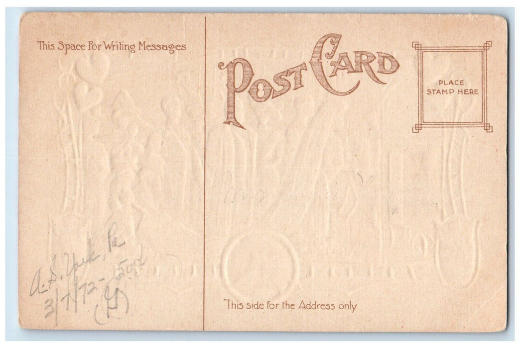 c1910's Couple Wedding Cupid Angel Hearts Bird Embossed Unposted Postcard