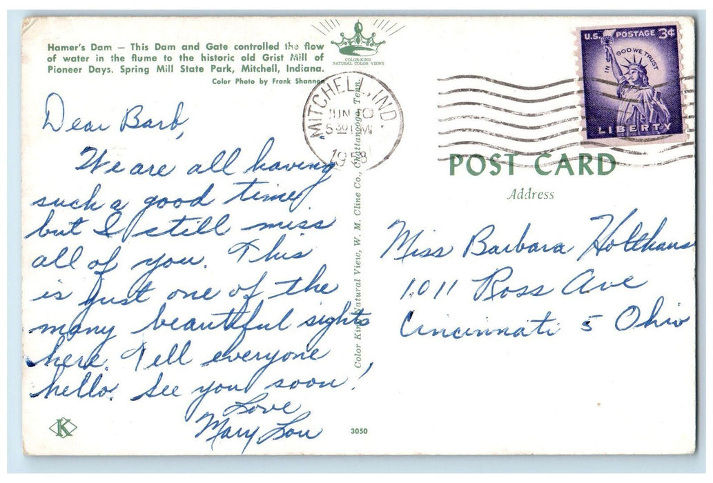 1958 Hammer's Dam Gate Controlled The Waterflow Mitchell Indiana IN Postcard