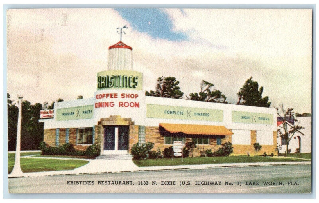 c1940 Kristines Restaurant Coffee Shop Dining Dixie Lake Worth Florida postcard