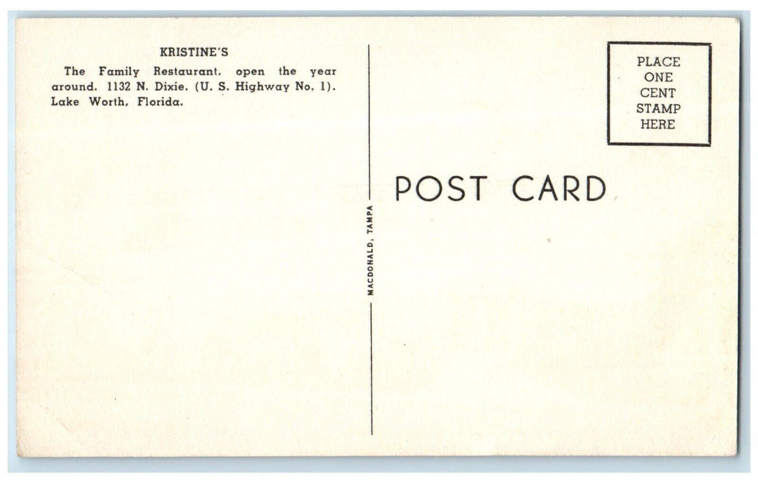 c1940 Kristines Restaurant Coffee Shop Dining Dixie Lake Worth Florida postcard